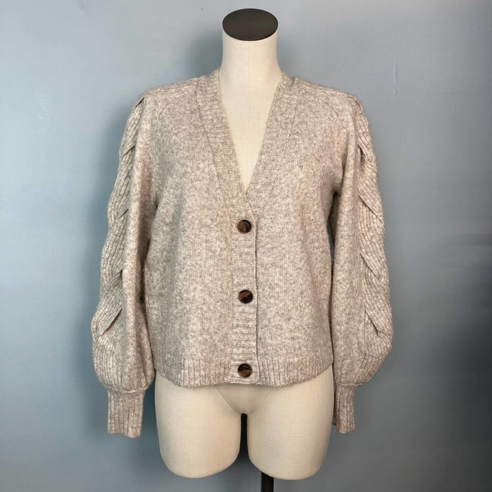 Cobble Lane Tan Oatmeal Braided Lantern Sleeve Cropped Wool Blend Cardigan Small